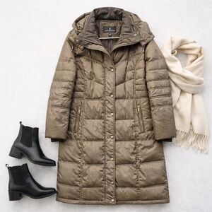 London Fog Down & Waterfowl Feathers Removable Hood Green Puffer Jacket L A37